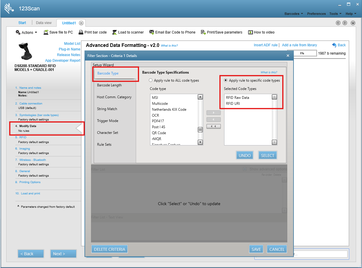 123Scan Modify Data - selecting the RFID Raw Data and RFID URI code types