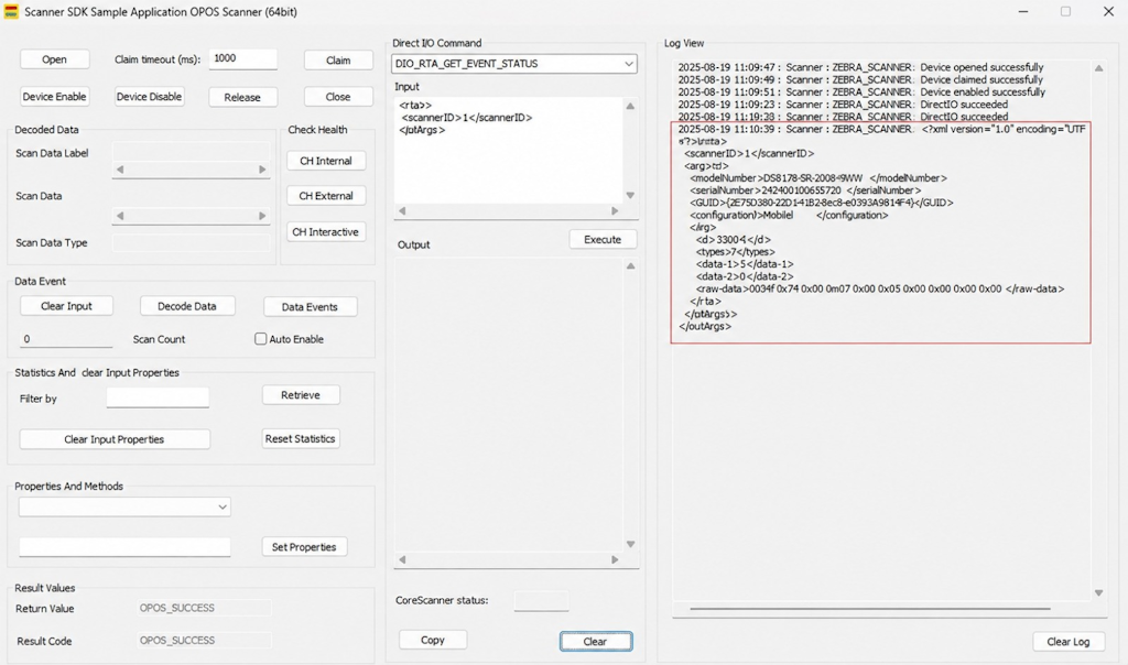 OPOS sample application Log View showing a reported RTA event